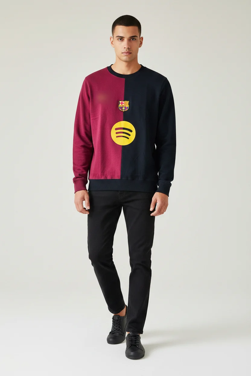 Barcelona FC crew-neck sweatshirt features a distinct split design in maroon and black