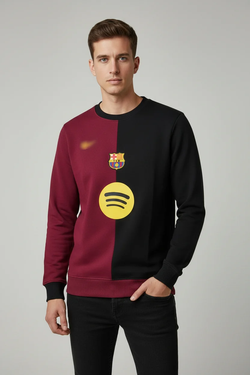 Barcelona FC crew-neck sweatshirt features a distinct split design in maroon and black - Image 2