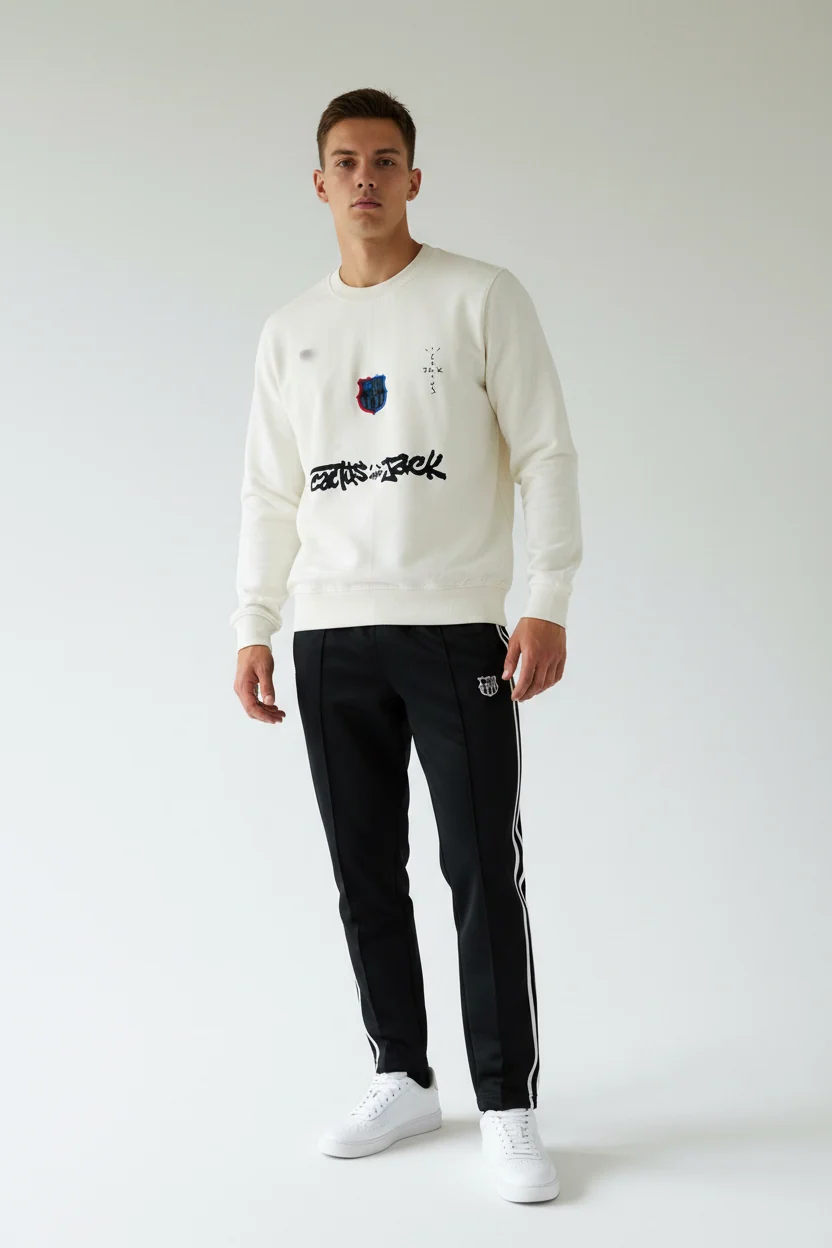 cream-colored FC Barcelona x Cactus Jack sweatshirt